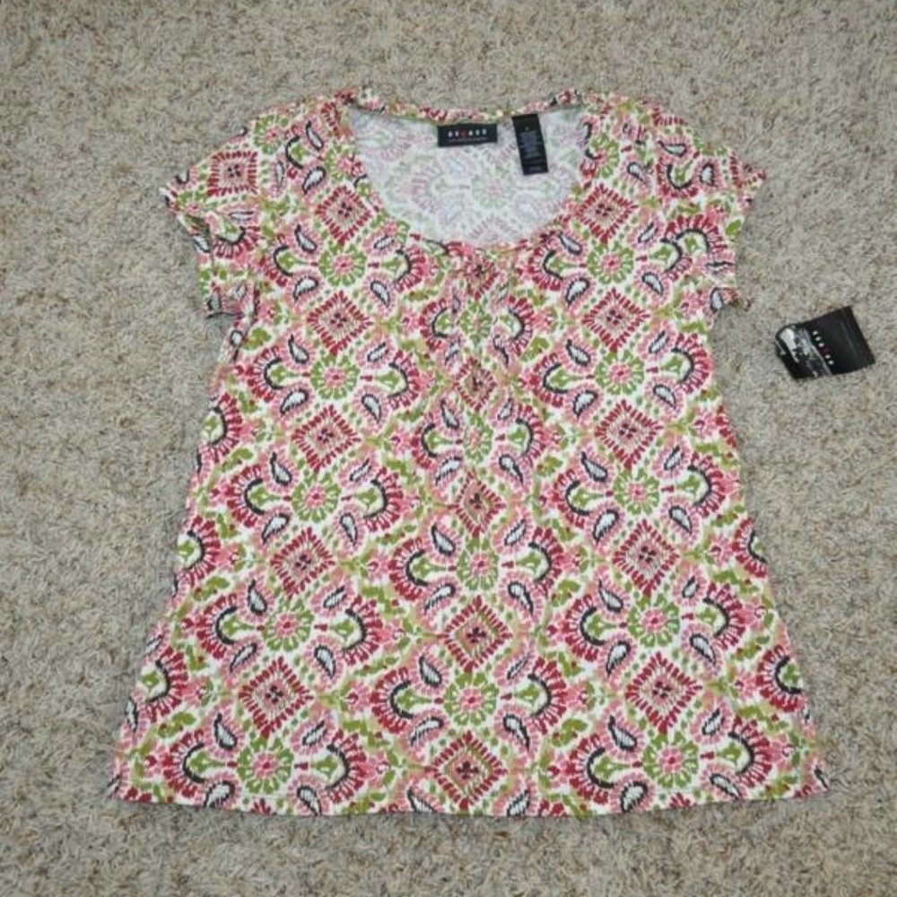 Axcess Peasant Top Womens M Pink Paisley Short Sleeve Round Neck Shirt